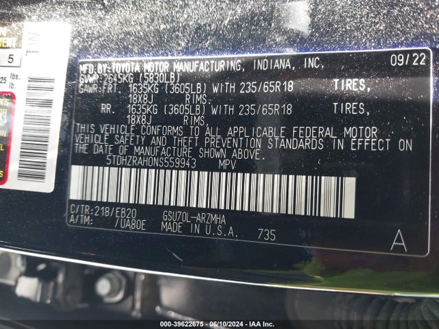 Toyota Highlander Xle 2022 5TDHZRAH0NS559943 Image 9