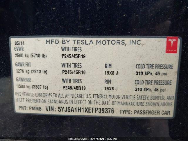 5YJSA1H1XEFP39376 Tesla Model S P85
