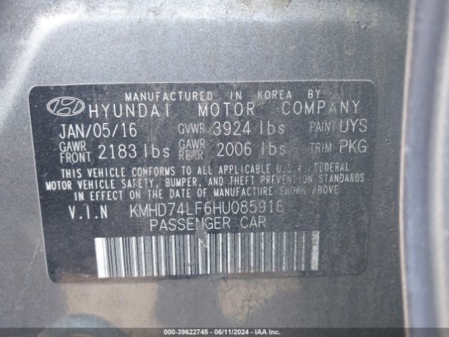 KMHD74LF6HU085916 Hyundai ELANTRA SE
