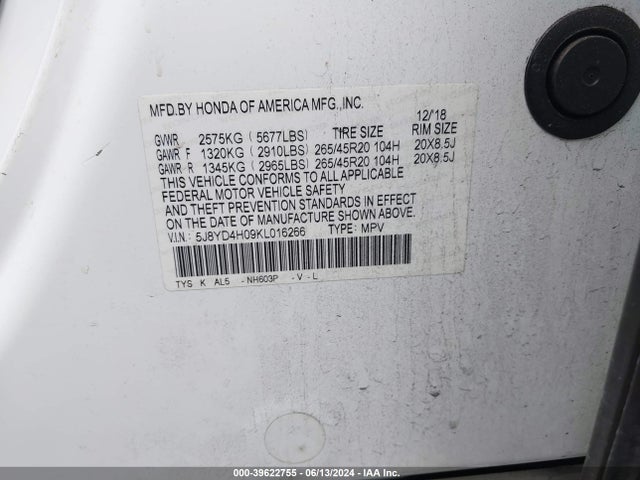 5J8YD4H09KL016266 Acura Mdx Tech   A-spec Pkgs