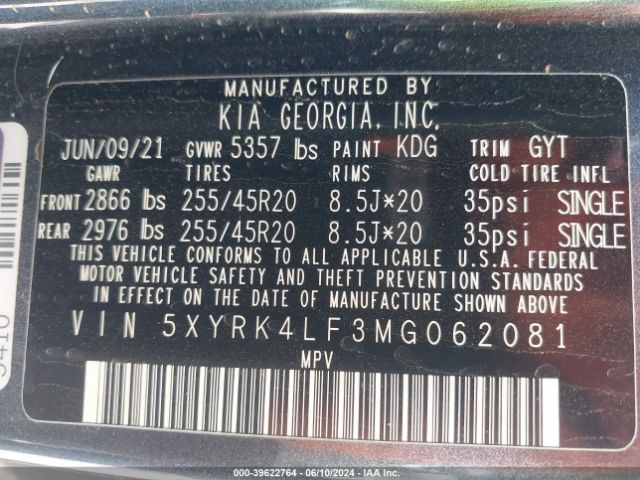 5XYRK4LF3MG062081 KIA SORENTO SX
