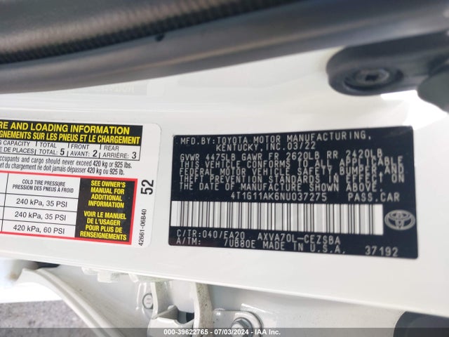 4T1G11AK6NU037275 Toyota CAMRY SE