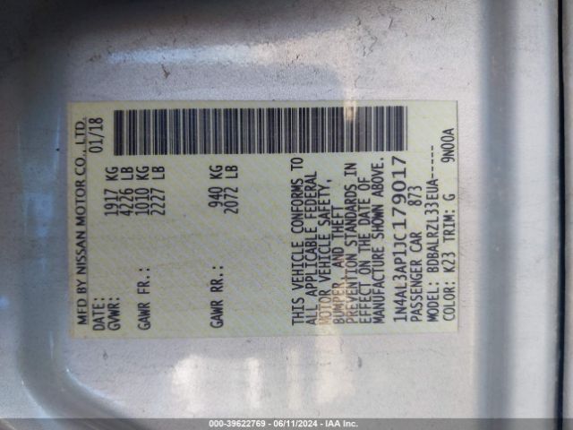 1N4AL3AP1JC179017 Nissan Altima 2.5 Sl