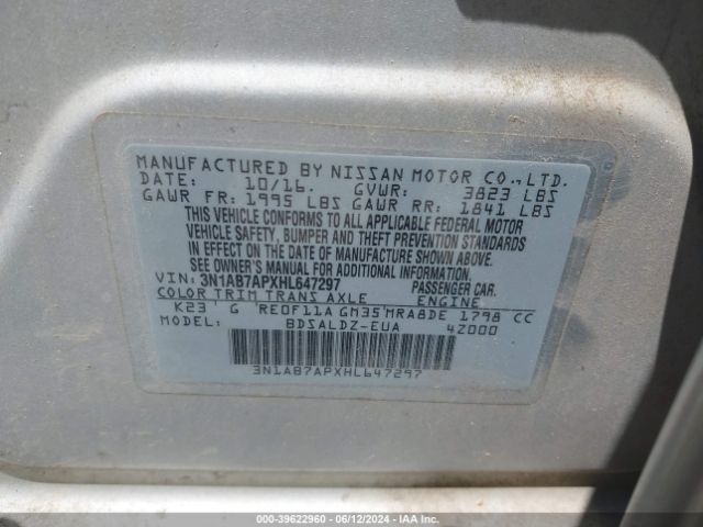3N1AB7APXHL647297 Nissan SENTRA SV