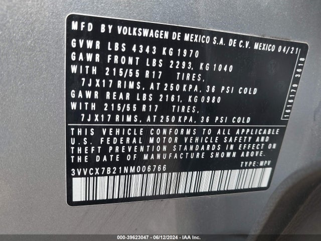 3VVCX7B21NM006766 Volkswagen Taos 1.5t S