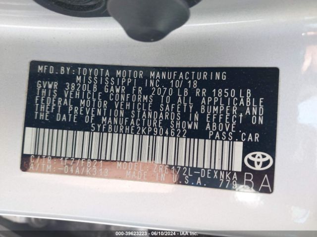 5YFBURHE2KP904622 Toyota Corolla Xle