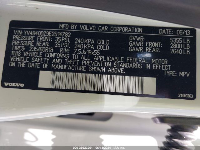 YV4940DZ9E2514782 Volvo Xc60 3.2/3.2 Platinum/3.2 Premier/3.2 Premier Plus