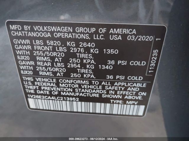 1V26E2CA4LC213952 Volkswagen Atlas Cross Sport 3.6l V6 Se W/technology/3.6l V6 Se W/technology R-line