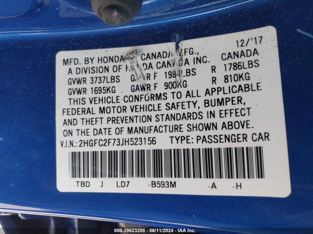 Honda CIVIC EX 2018 2HGFC2F73JH523156 Image 9