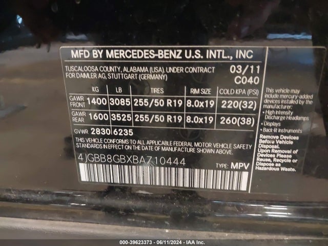 Aukcja sprzedaży 2011 Mercedes-benz Ml 350 4matic, vin: 4JGBB8GBXBA710444, numer aukcji: 39623373