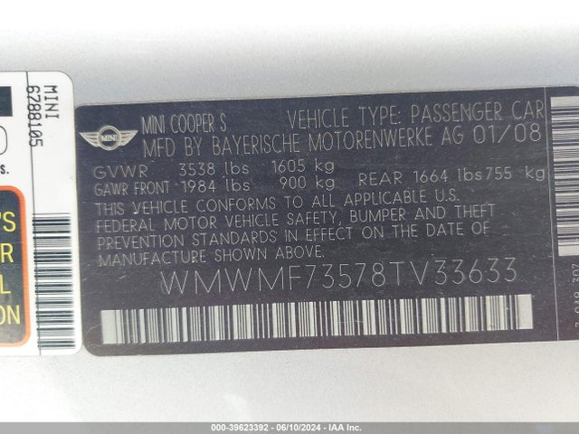 2008 MINI COOPER S WMWMF73578TV33633 Photo 8