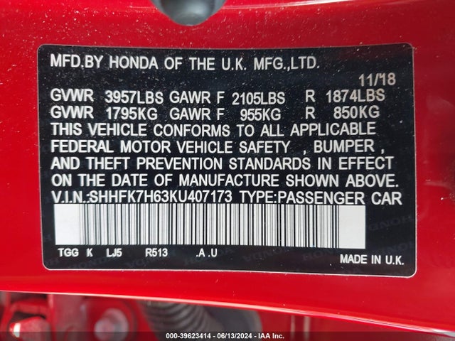 Honda CIVIC EX 2019 SHHFK7H63KU407173 Image 9