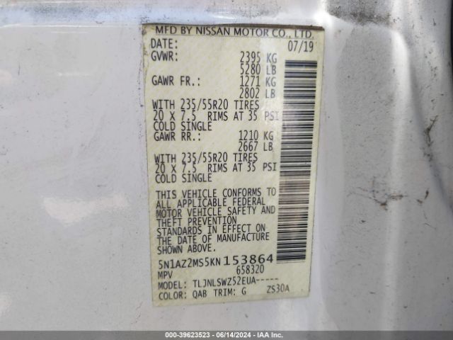 5N1AZ2MS5KN153864 Nissan Murano Platinum