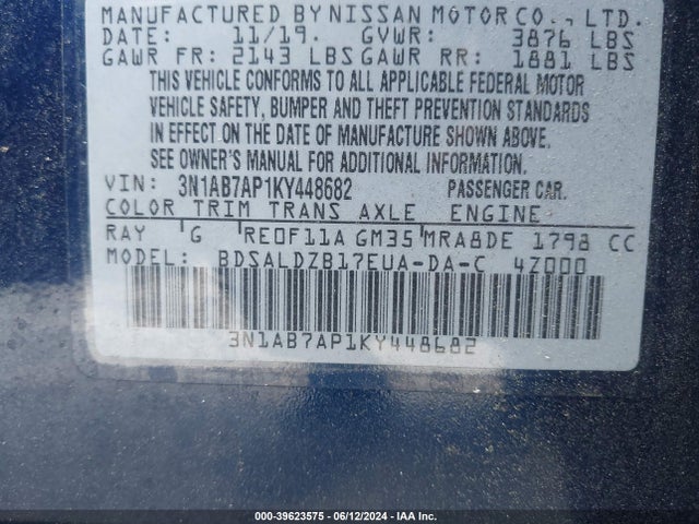 Nissan SENTRA SV 2019 3N1AB7AP1KY448682 Image 9
