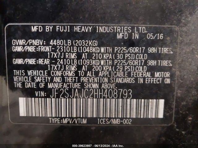 JF2SJAJC2HH408793 Subaru Forester 2.5i Limited