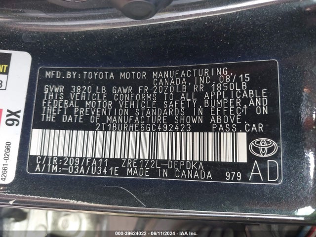 Toyota COROLLA L 2016 2T1BURHE6GC492423 Image 9