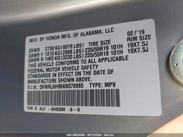 Honda Odyssey Elite 2019 5FNRL6H96KB078985 Image 9