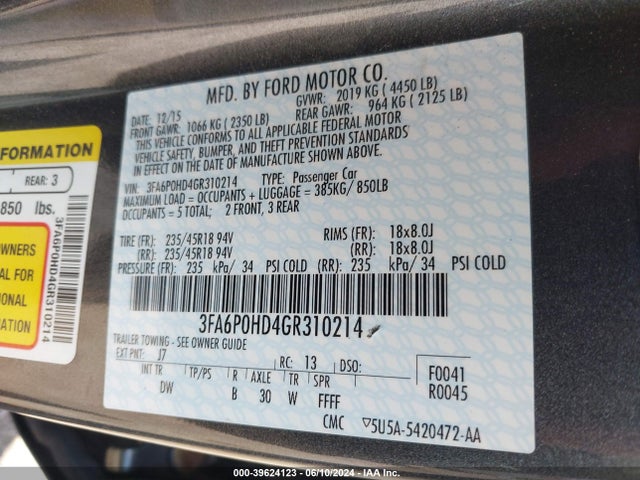 Ford FUSION SE 2016 3FA6P0HD4GR310214 Image 9