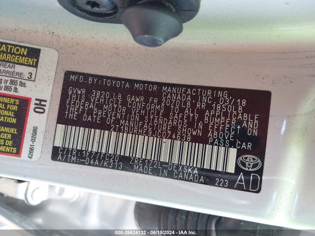 Toyota COROLLA SE 2018 2T1BURHE9JC074638 Image 9