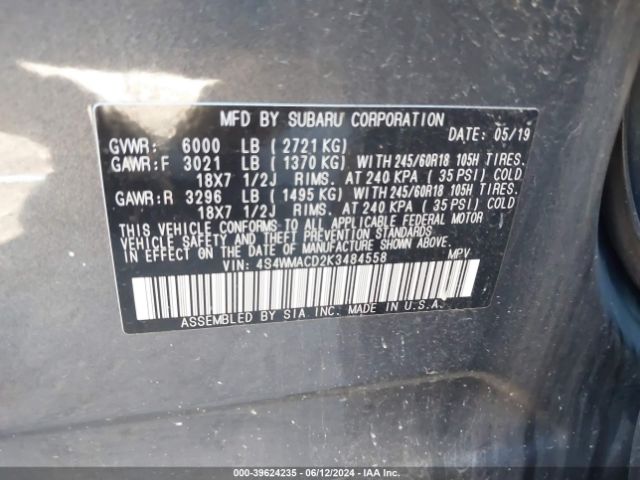 4S4WMACD2K3484558 Subaru Ascent Premium