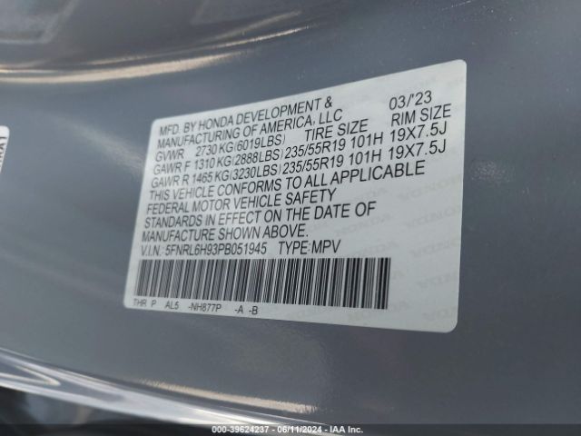 5FNRL6H93PB051945 Honda Odyssey Elite