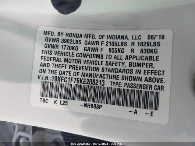 Honda Civic Ex-l 2019 19XFC1F76KE208213 Image 9