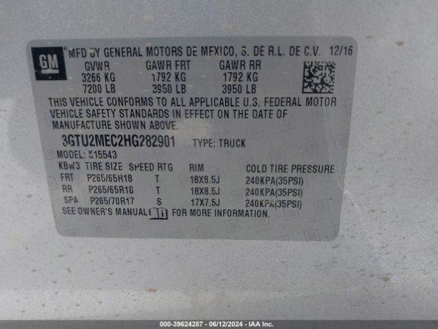 3GTU2MEC2HG282901 GMC Sierra 1500 Sle