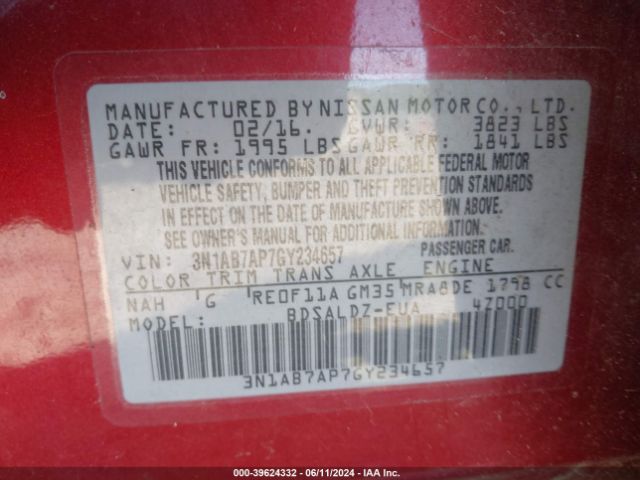 3N1AB7AP7GY234657 Nissan Sentra Fe+ S/s/sl/sr/sv