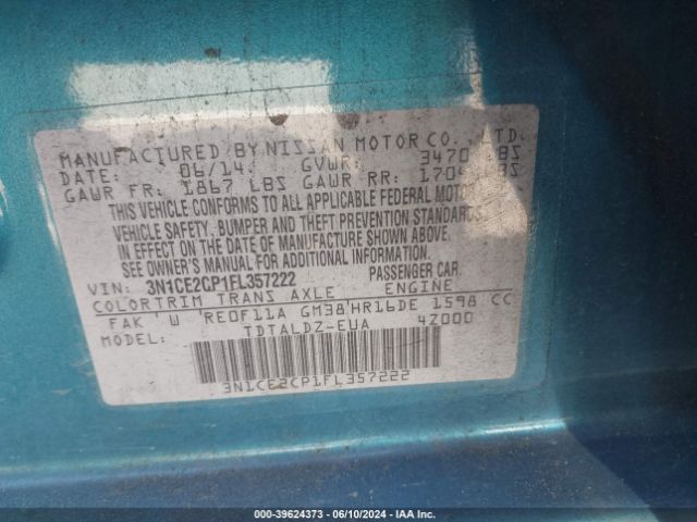 3N1CE2CP1FL357222 Nissan Versa Note S (sr)/s Plus/sl/sr/sv