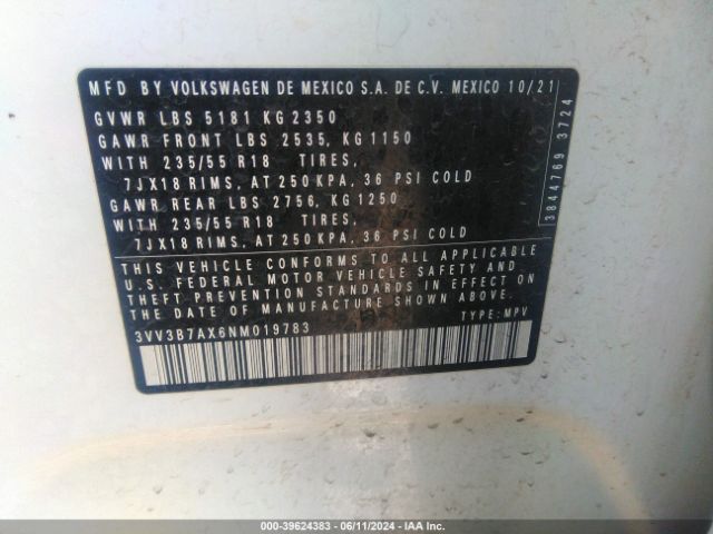 3VV3B7AX6NM019783 Volkswagen Tiguan 2.0t Se