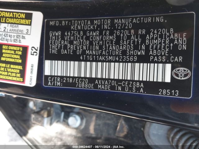 4T1G11AK5MU423569 Toyota Camry Se Nightshade Edition