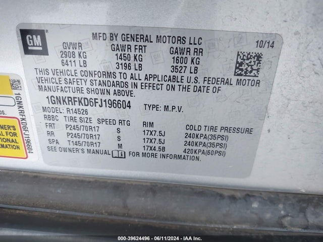 Chevrolet Traverse Ls 2015 1GNKRFKD6FJ196604 Image 9
