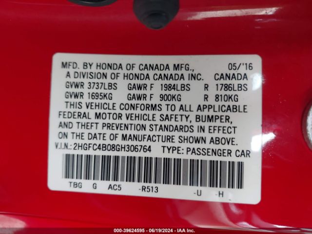 2HGFC4B08GH306764 Honda Civic Lx-p