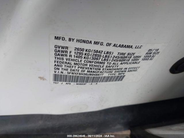 5FNYF6H30JB048877 Honda Pilot Ex