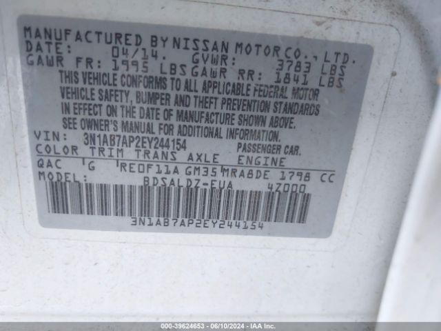 3N1AB7AP2EY244154 Nissan Sentra Fe+ S/fe+ Sv/s/sl/sr/sv