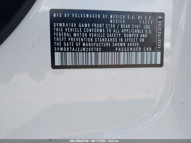 3VWDB7AJ2JM260780 Volkswagen Jetta 1.4t Se/1.4t Wolfsburg Edition
