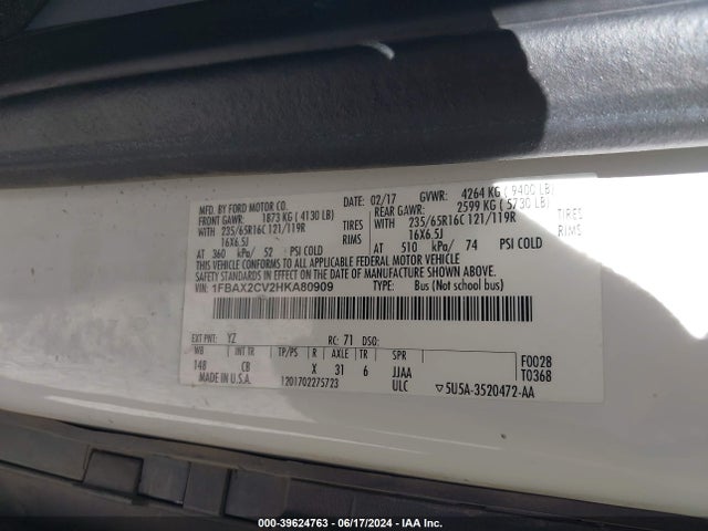 1FBAX2CV2HKA80909 Ford Transit-350 Xlt