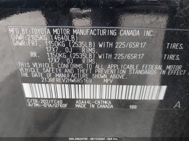 2T3RFREV2HW685169 Toyota Rav4 Xle
