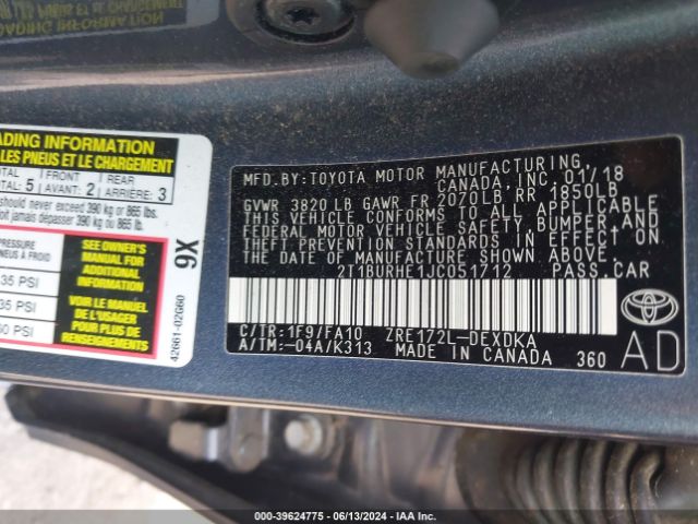 2018 TOYOTA COROLLA 2T1BURHE1JC051712 Photo 8