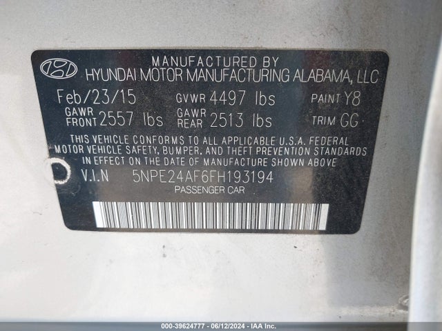 Hyundai SONATA SE 2015 5NPE24AF6FH193194 Image 9