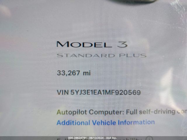 5YJ3E1EA1MF920569 Tesla Model 3 Standard Range Plus Rear-wheel Drive