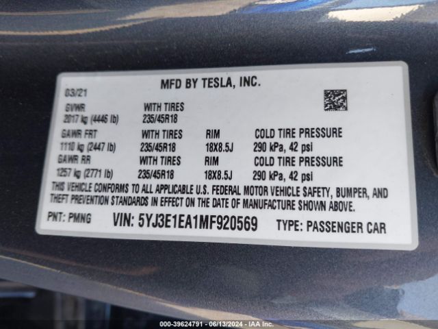 5YJ3E1EA1MF920569 Tesla Model 3 Standard Range Plus Rear-wheel Drive