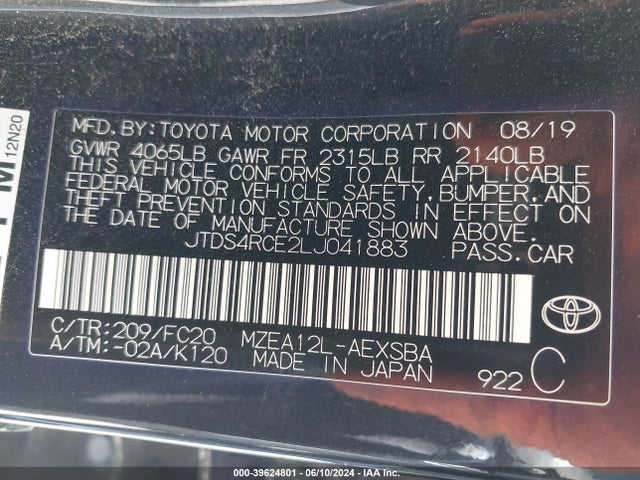 JTDS4RCE2LJ041883 Toyota COROLLA SE