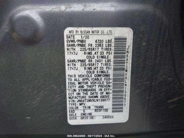 JN8AT2MVXLW139877 Nissan Rogue Sv Intelligent Awd