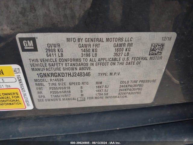 Chevrolet Traverse 1lt 2017 1GNKRGKD7HJ248346 Image 9