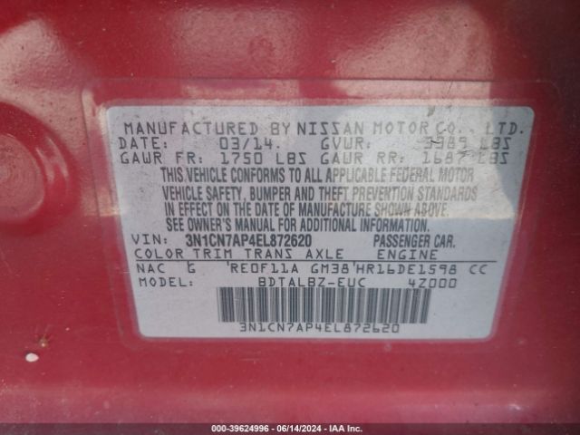 3N1CN7AP4EL872620 Nissan Versa 1.6 S/1.6 S+/1.6 Sl/1.6 Sv