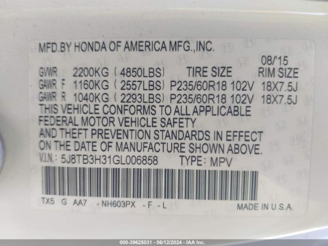 5J8TB3H31GL006858 Acura Rdx Acurawatch Plus Pkg