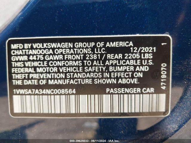 1VWSA7A34NC008564 Volkswagen Passat 2.0t Se