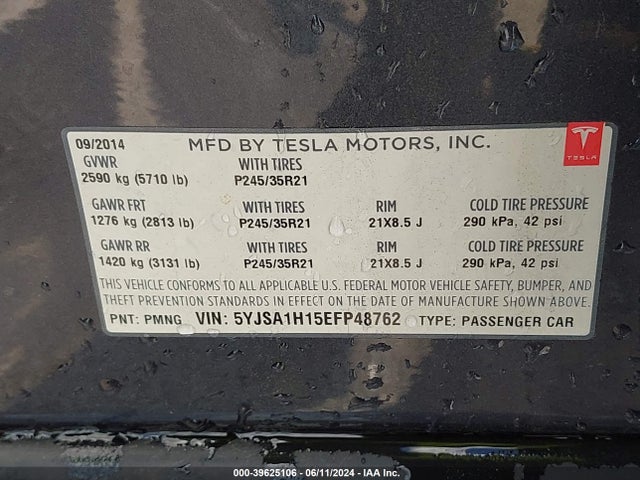 5YJSA1H15EFP48762 Tesla Model S P85