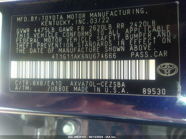 Toyota CAMRY SE 2022 4T1G11AK6NU674666 Image 9
